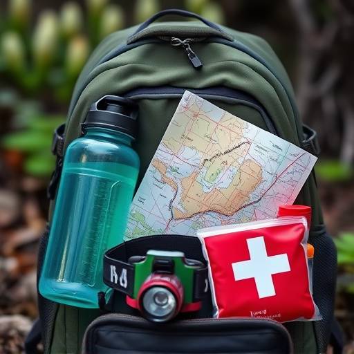 A backpack filled with hiking essentials like a water bottle, map, first-aid kit, and headlamp.