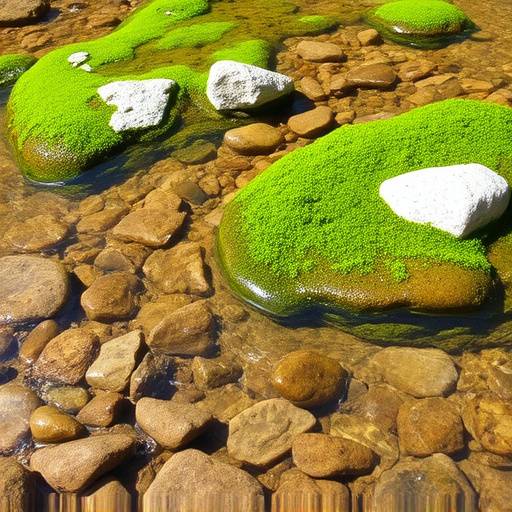 A clear, shallow stream flowing over smooth stones with vibrant green moss on the banks.