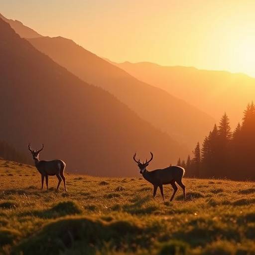 A distant view of a deer grazing peacefully in a mountain meadow.