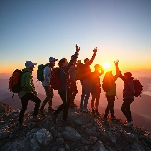 A diverse group of hikers celebrating on a mountain summit at sunrise