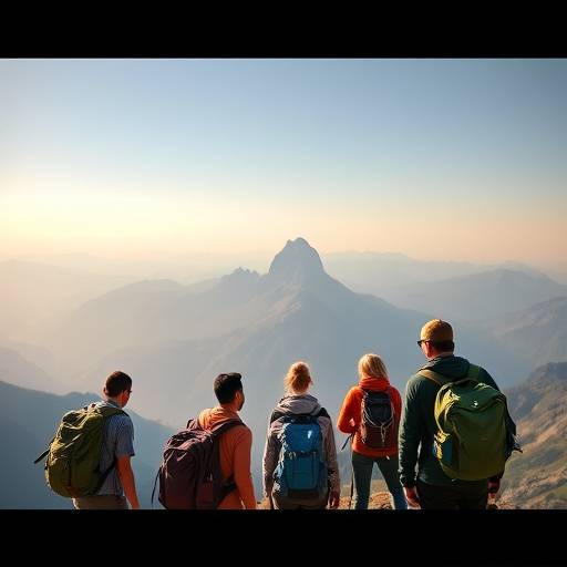 A diverse group of hikers enjoying a panoramic mountain view