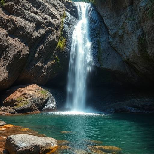 A dramatic waterfall cascading down a rocky cliff face into a clear pool below.