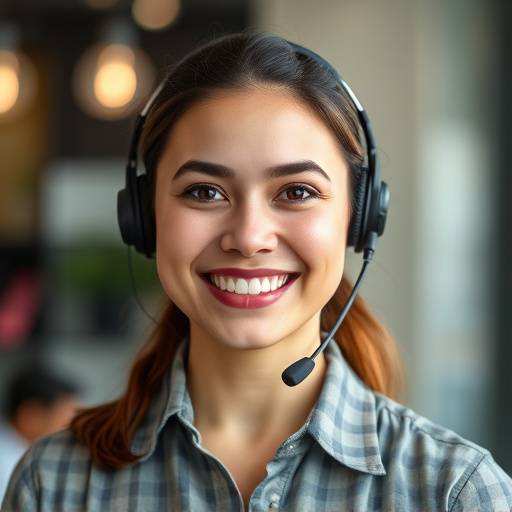 A friendly and helpful customer support representative smiling and ready to assist a user.
