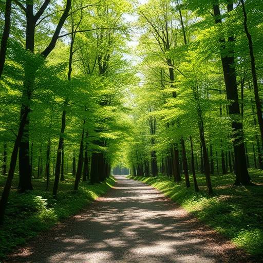 A gentle forest path winding through lush green trees, with sunlight dappling the ground.