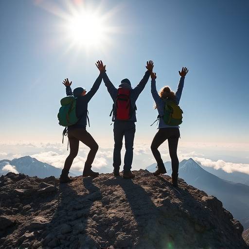 A group of hikers reaching a summit, celebrating their achievement.