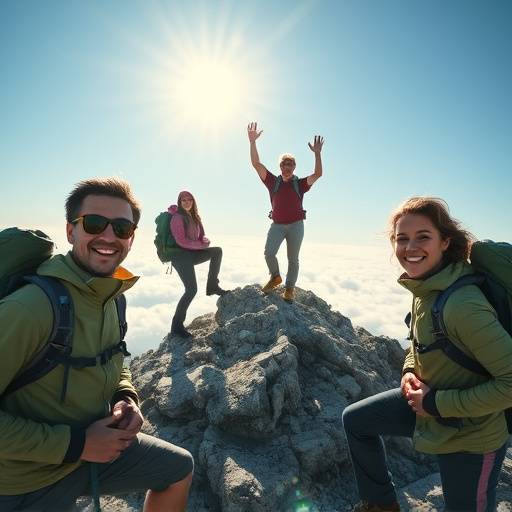 A group of hikers smiling and reaching the summit of a mountain, depicting achievement and joy.