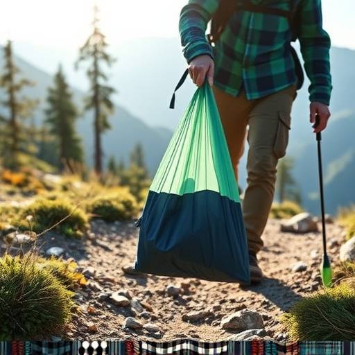A hiker carefully packing out a trash bag from a mountain trail.