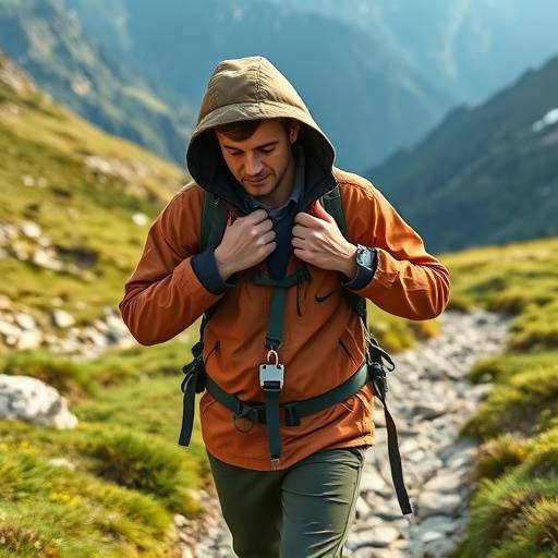 A hiker putting on a waterproof jacket while on a mountain trail.