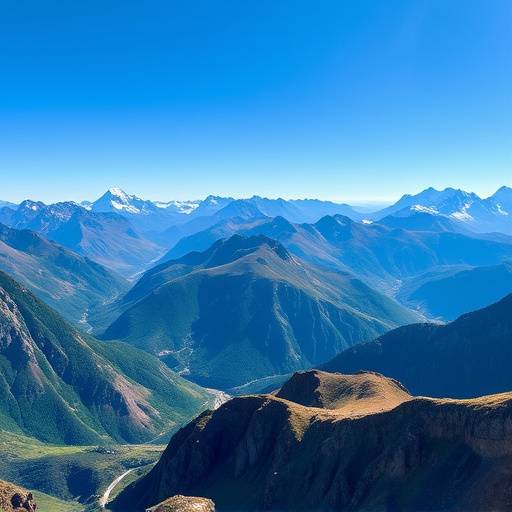 A panoramic view of majestic mountains under a clear blue sky, symbolizing adventure and freedom.