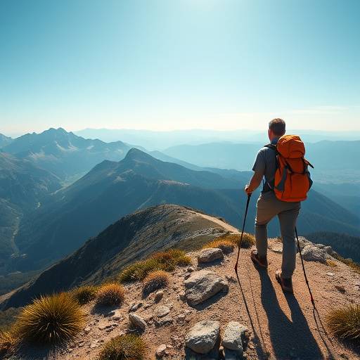 A person hiking on a scenic mountain trail with a panoramic view.