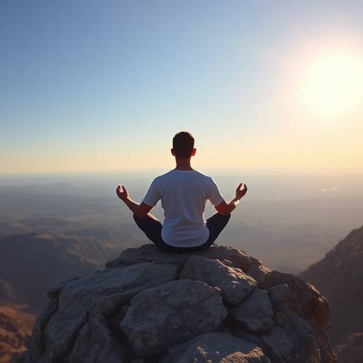 A person meditating peacefully on a rocky outcrop overlooking a vast landscape