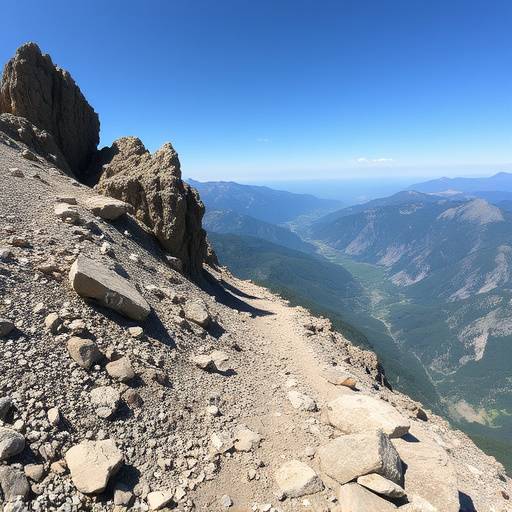 A rugged mountain path with rocky outcrops overlooking a valley