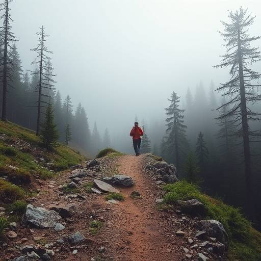 A rugged, unpaved trail disappearing into a dense, mist-covered mountain forest.