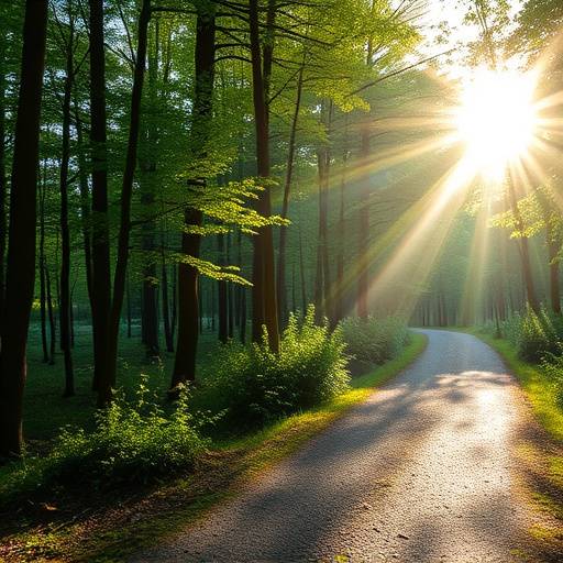 A serene forest path with sunlight filtering through the trees
