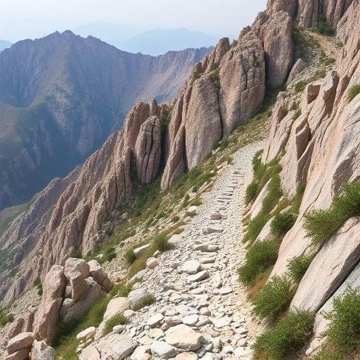 A steep, rocky trail ascending a mountain face, with dramatic cliffs and sparse vegetation.