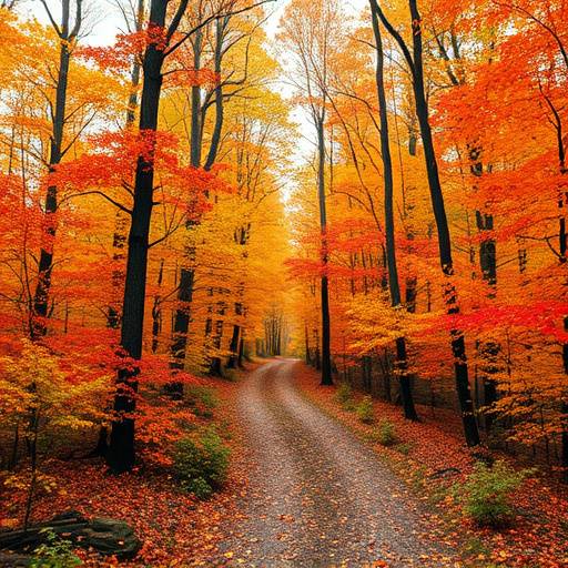 A vibrant forest floor covered in colorful autumn leaves, with a clear path winding through tall trees.
