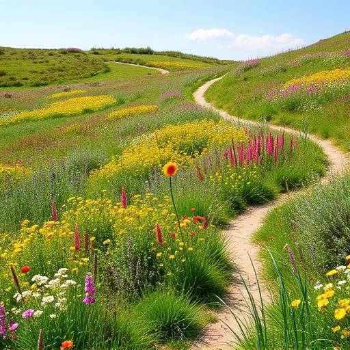 A vibrant meadow filled with colorful wildflowers, with a winding trail through the center.
