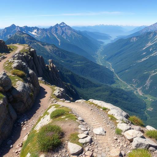 A winding mountain path leading up towards a rocky ridge with panoramic views of a valley below.