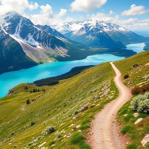 A winding trail along a turquoise alpine lake with snow-capped mountains in the background