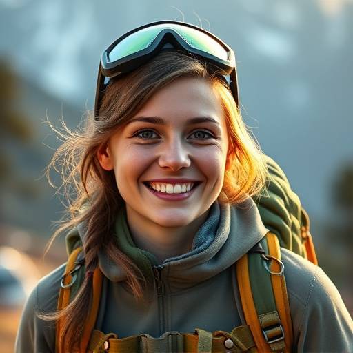 Portrait of Anya Petrova, the founder, smiling with hiking gear