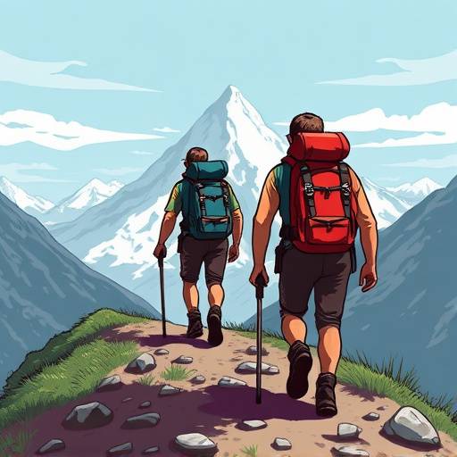 Stylized illustration of hikers with backpacks on a mountain trail
